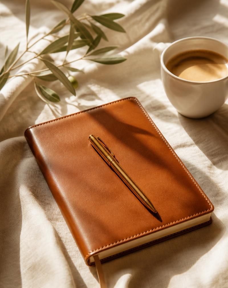 An open journal, gold pen and coffee resting on cream linen